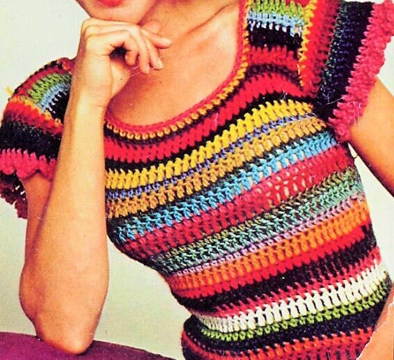 Vintage Crochet Pattern Womens Ruffle Cap Sleeved Short Striped Summer Top PDF Instant Digital Download Boho 1970s Bold Stripes DK 10 Ply