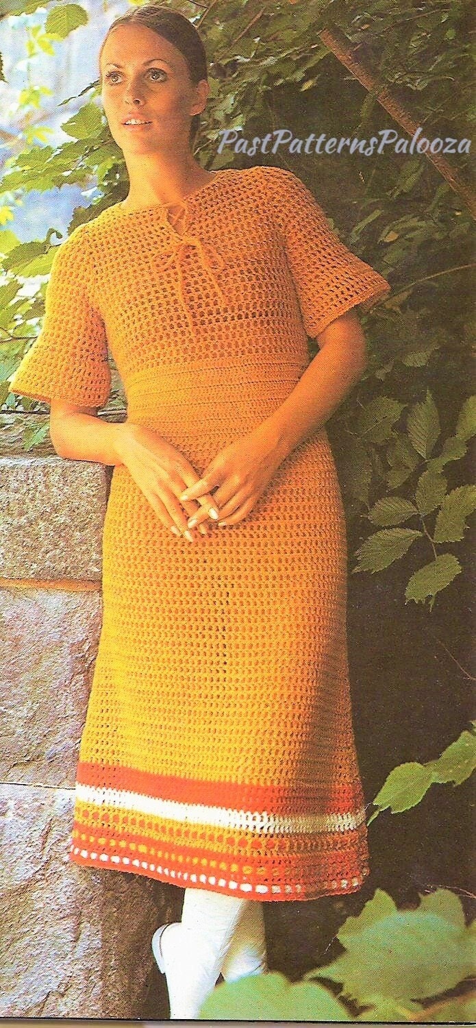 Vintage Crochet Pattern Womens Pretty Lace Midi Dress Bell Sleeves PDF Instant Digital Download Mini or Maxi Dress Boho Chic 5 Ply