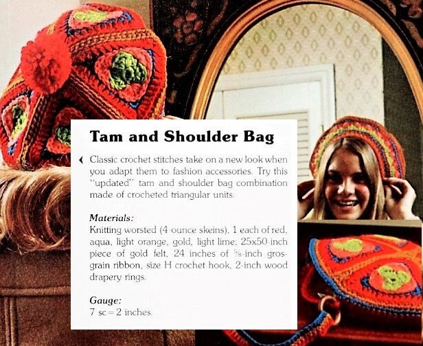 Vintage Crochet Pattern Womens Granny Square Tam Hat and Round Shoulder Bag Set PDF Instant Digital Download Retro Boho Hat Purse 10 Ply