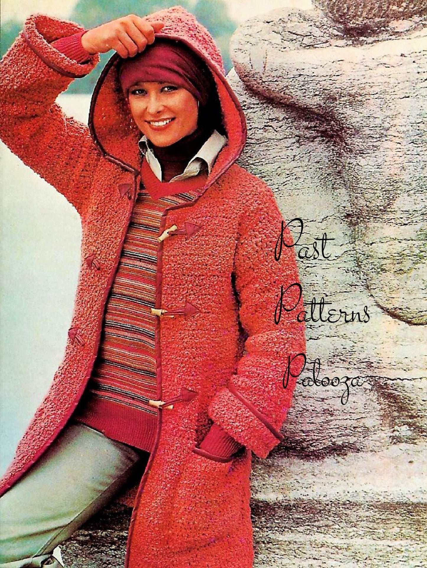 Vintage Crochet Pattern Womens Hooded Boucle Duffle Coat PDF Instant Digital Download Retro Leather Trim 10 Ply