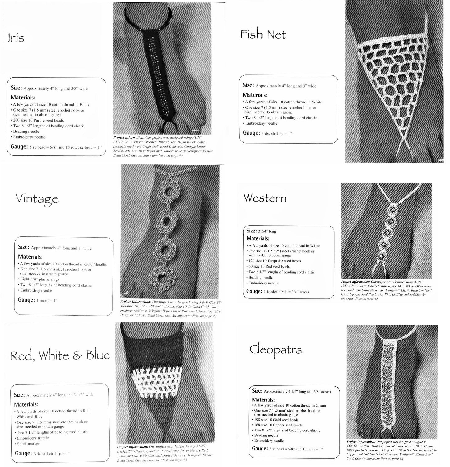 Vintage Crochet Pattern Womens Barefoot Sandals PDF Instant Digital Download 6 Designs Beach Bride Wedding Boho Yoga Chic Cotton Thread