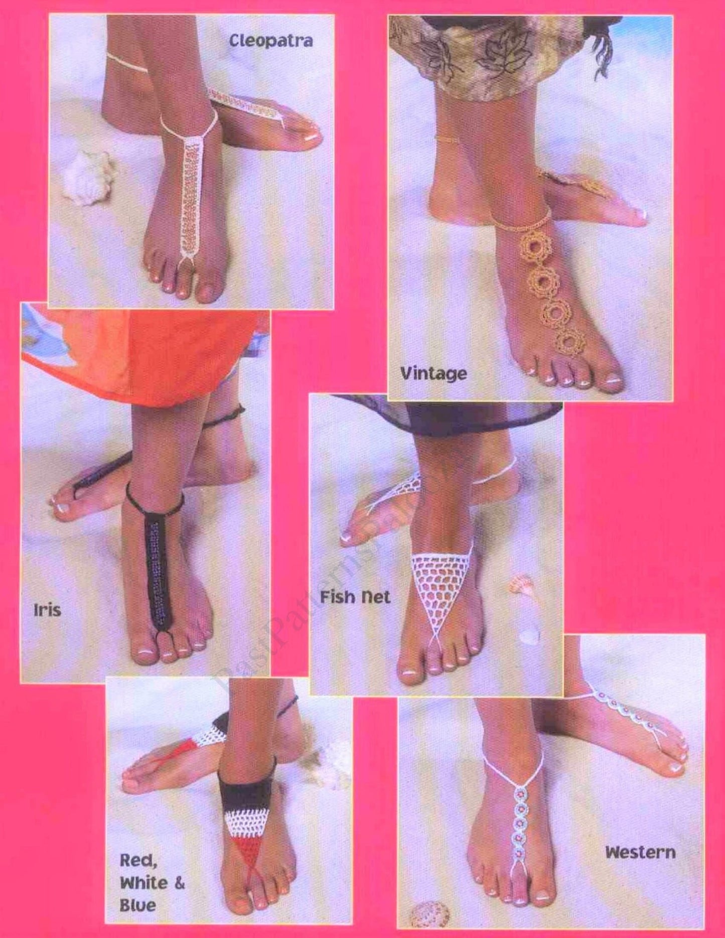 Vintage Crochet Pattern Womens Barefoot Sandals PDF Instant Digital Download 6 Designs Beach Bride Wedding Boho Yoga Chic Cotton Thread