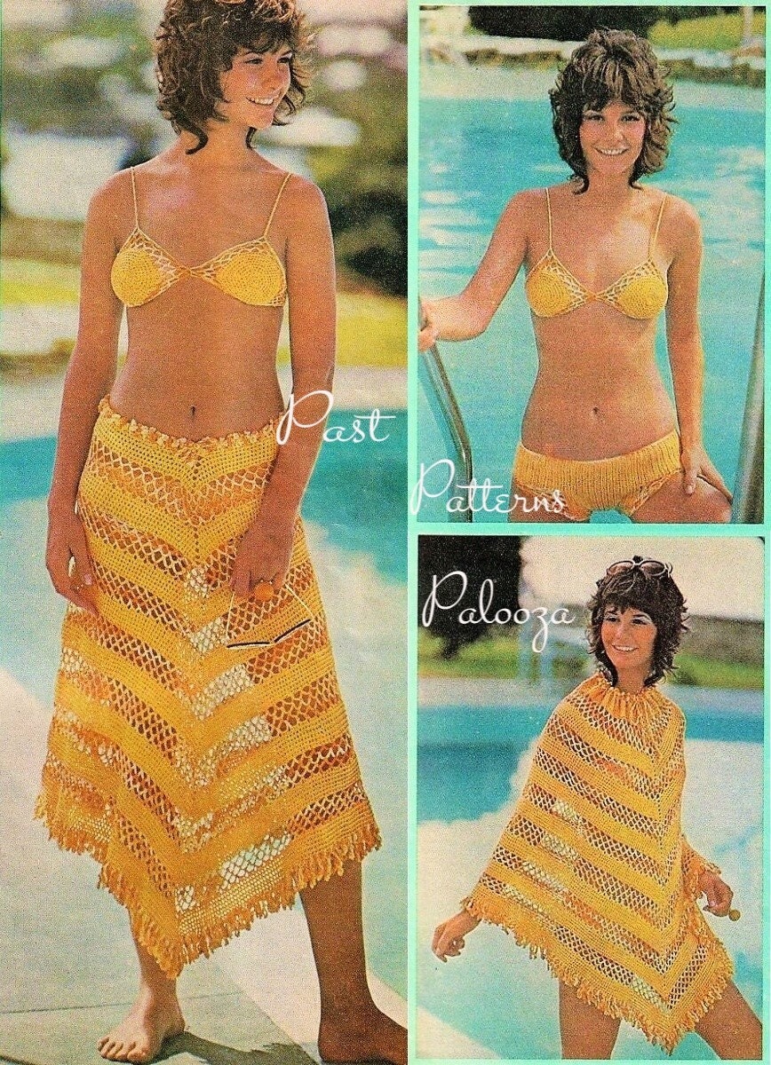 Vintage Thread Crochet Pattern Retro Bikini and Cover Up Poncho Skirt Set PDF Instant Digital Download 70s Boho Lacy Beach Outfit