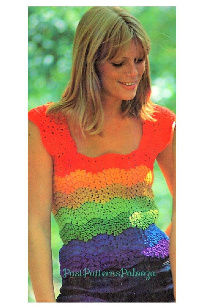 Vintage Crochet Pattern Womens Rainbow Top PDF Instant Digital Download Retro Summer Short Tank Jumper Top Gypsy Hippie Boho Wear 1970s