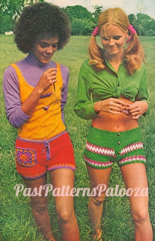 Vintage Summer Shorts Crochet Pattern Hippie Chic Groovy Granny Squares Lace Up Button Up Hip Huggers PDF Instant Digital Download 10 Ply