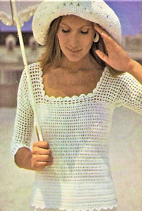 Vintage Crochet Pattern Womens Summer Top & Sun Hat Set PDF Instant Digital Download Quick Easy 5 Ply