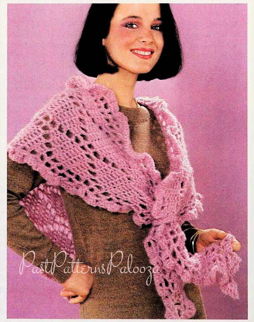 Vintage Crochet Pattern Womens Feminine Shawl Openwork Diamonds PDF Instant Digital Download Ruffled Border Ring Tie Front 5 Ply