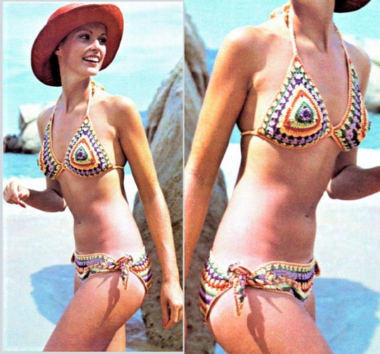 Vintage Thread Crochet Pattern Womens Rainbow Bikini PDF Instant Digital Download Pretty Boho Chic Cotton Bathing Suit S M L