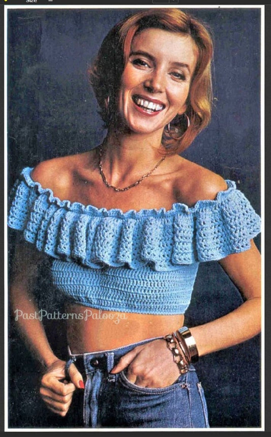 Vintage Crochet Pattern Womens Off Shoulder Ruffle Midriff Top PDF Instant Digital Download Retro Summer Boho 1970s Cotton Thread No. 4
