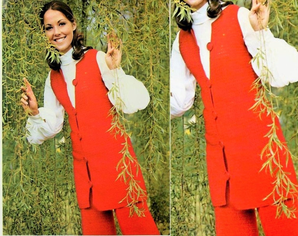 Vintage Crochet Pattern Womens Chic Trouser Suit Pantsuit Outfit PDF Instant Digital Download Sleeveless Maxi Vest Waistcoat Pant Suit 4 Ply
