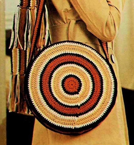 Vintage Crochet Pattern Womens Bullseye Circle Hand Bag Striped Hat Scarf Set Boho Chic PDF Instant Digital Download Beanie Round Purse DK