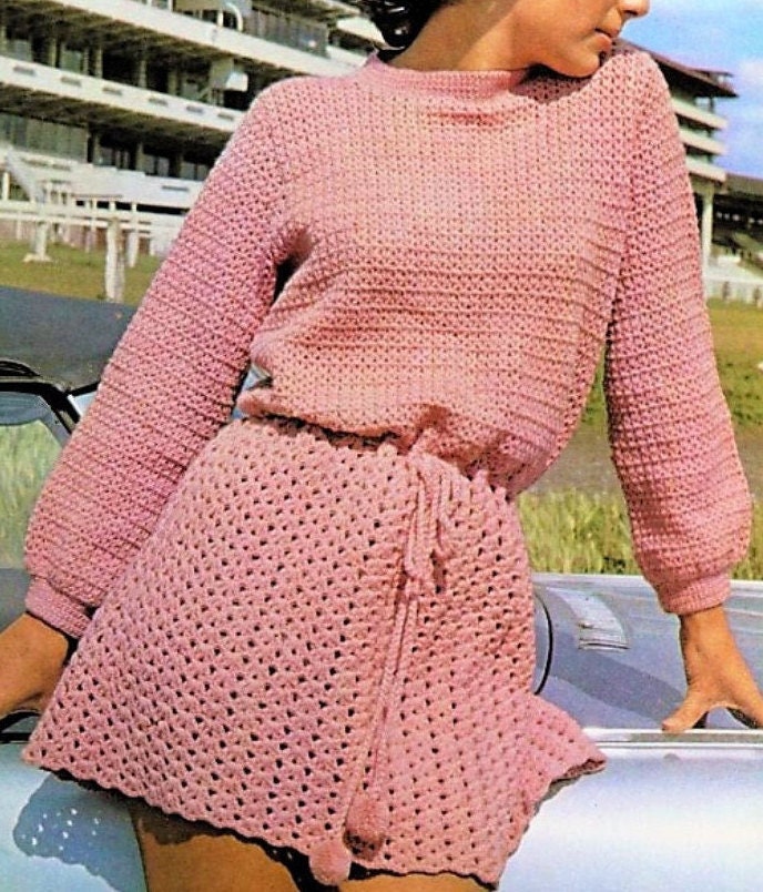 Vintage Crochet Pattern Womens Pretty Blouse Topped Dress PDF Instant Digital Download Cinched Waist Treble Shell Stitch 4 Ply 1971