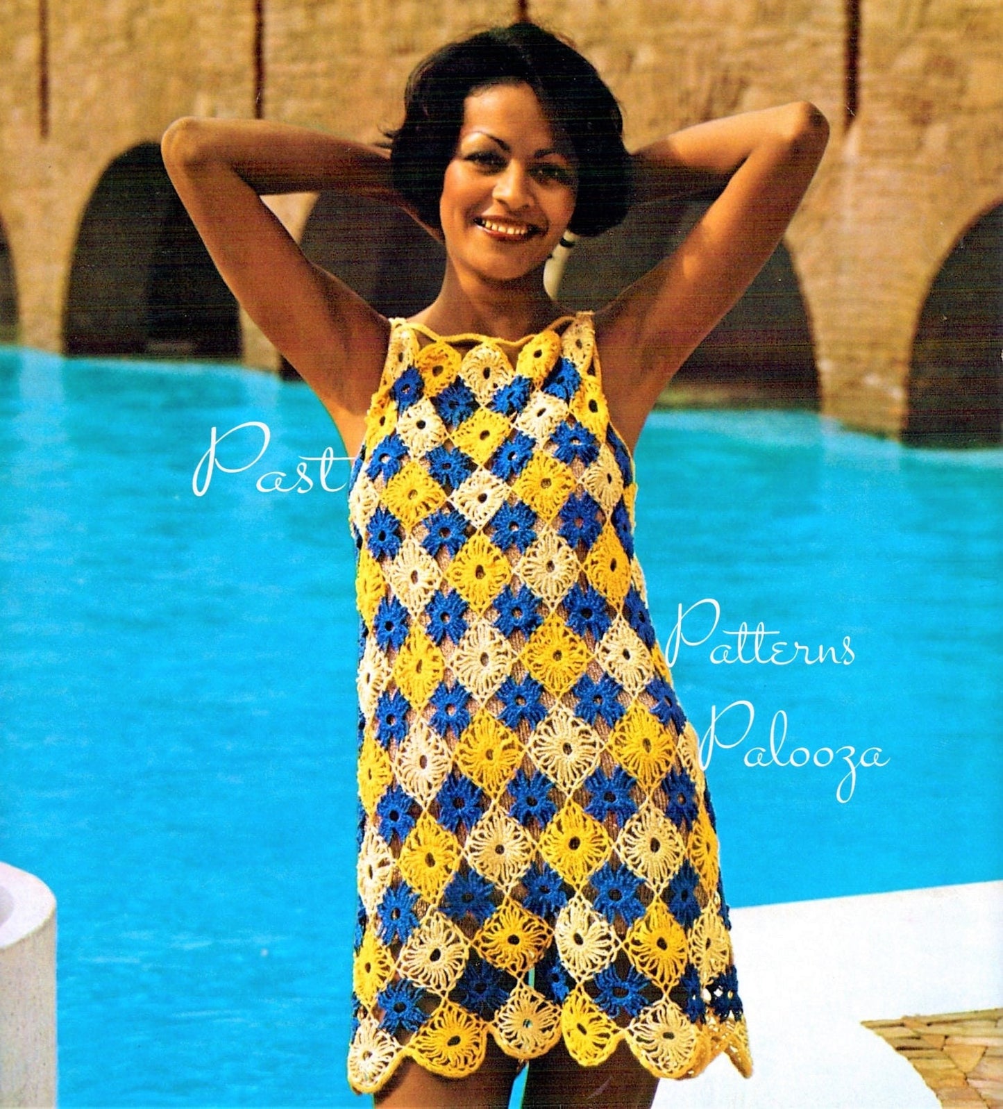 Vintage Crochet Pattern Womens Granny Square Summer Dress Cover Up Beach Tunic PDF Instant Digital Download 4 Ply