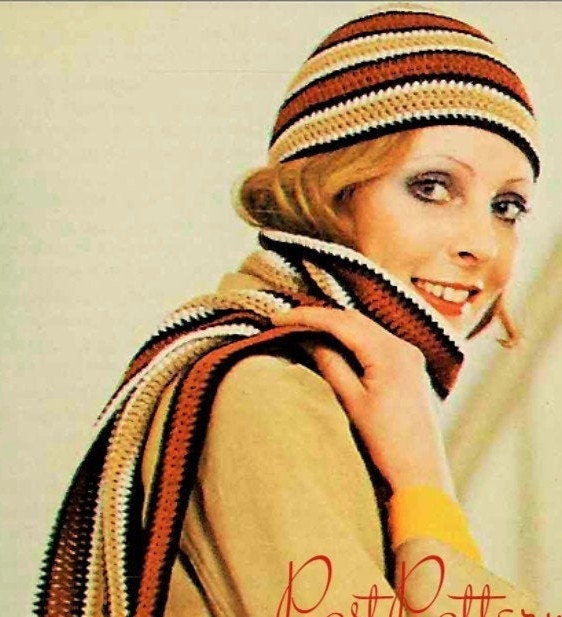 Vintage Crochet Pattern Womens Bullseye Circle Hand Bag Striped Hat Scarf Set Boho Chic PDF Instant Digital Download Beanie Round Purse DK