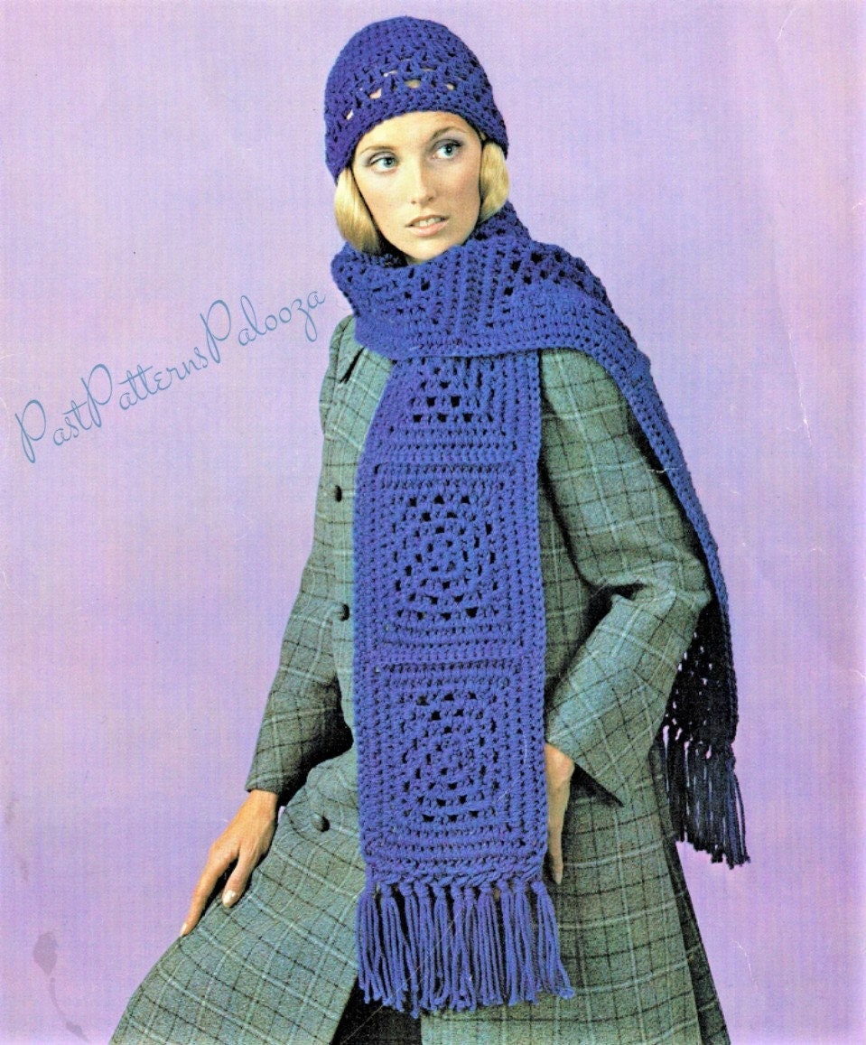 Vintage Crochet Pattern Womens Granny Square Scarf and Hat Sets Boho Chic PDF Instant Digital Download One Size 12 Ply