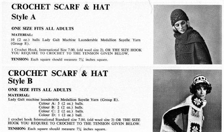 Vintage Crochet Pattern Womens Granny Square Scarf and Hat Sets Boho Chic PDF Instant Digital Download One Size 12 Ply