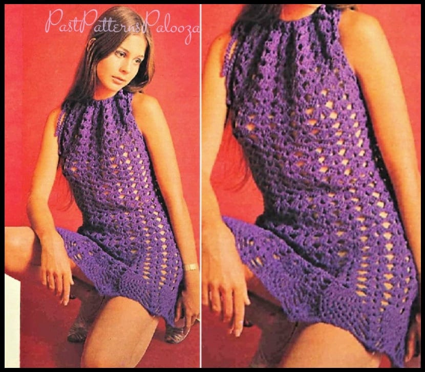 Vintage Crochet Pattern Womens Pretty Shell Stitch Halter Neck Dress PDF Instant Digital Download Mini or Maxi Dress Boho Chic 8 Ply