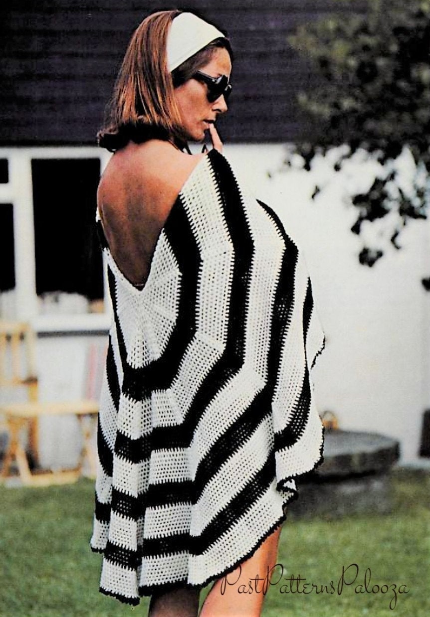 Vintage Crochet Pattern Womens Dramatic Stripes Circular Shawl Open Back PDF Instant Digital Download Retro Boho Wrap Picot Edging 4 Ply