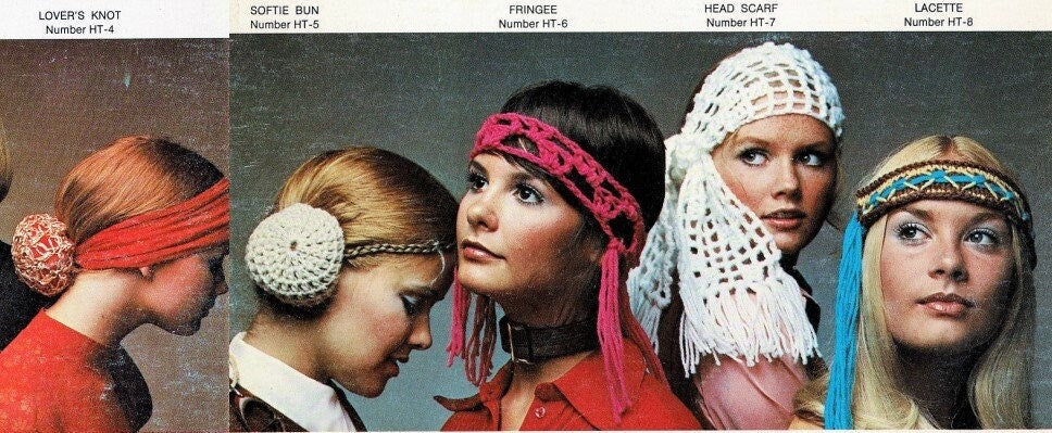 Vintage Crochet Patterns Womens Retro '70s Hairbands Headbands Bun Holders PDF Instant Digital Download Hippie Gypsy Boho Flower Power 4 Ply