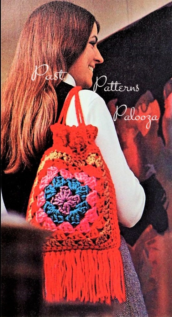 Vintage Crochet Pattern Fringed Granny Square Shoulder Bag Handbag Cinch Drawstring Top PDF Instant Digital Download Carry All Tote Purse