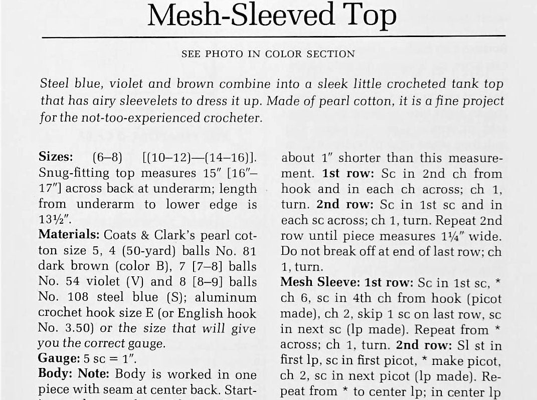 Vintage Crochet Pattern Womens Boho Perle Cotton Mesh Sleeved Top PDF Instant Digital Download Retro Short Sleeved Tank Summer Wear