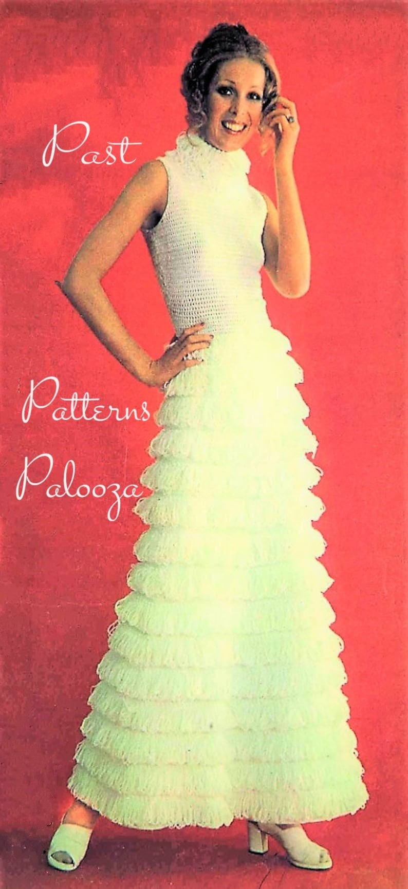 Vintage Crochet Pattern Womens Sleeveless Maxi Dress Loop Fringe Skirt PDF Instant Digital Download Long Party Summer Wedding Gown DK