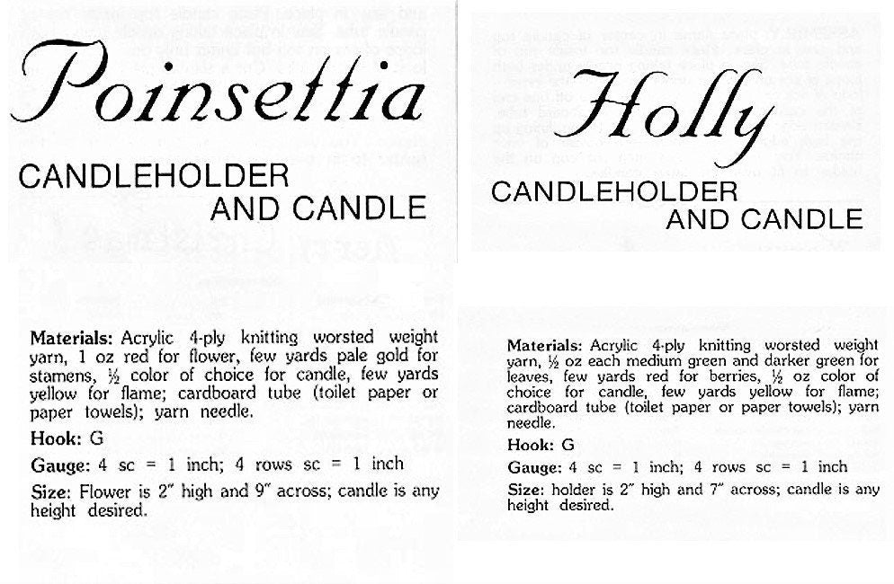 Vintage Crochet Pattern Christmas Candles with Poinsettia and Holly Candleholders PDF Instant Digital Download Candlestick Amigurumi 4 Ply