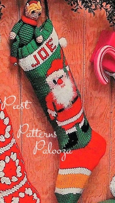 Vintage Christmas Knitting Pattern Tree and Winking Santa Name Stocking Crochet Granny Square Stocking Retro PDF Instant Digital Download