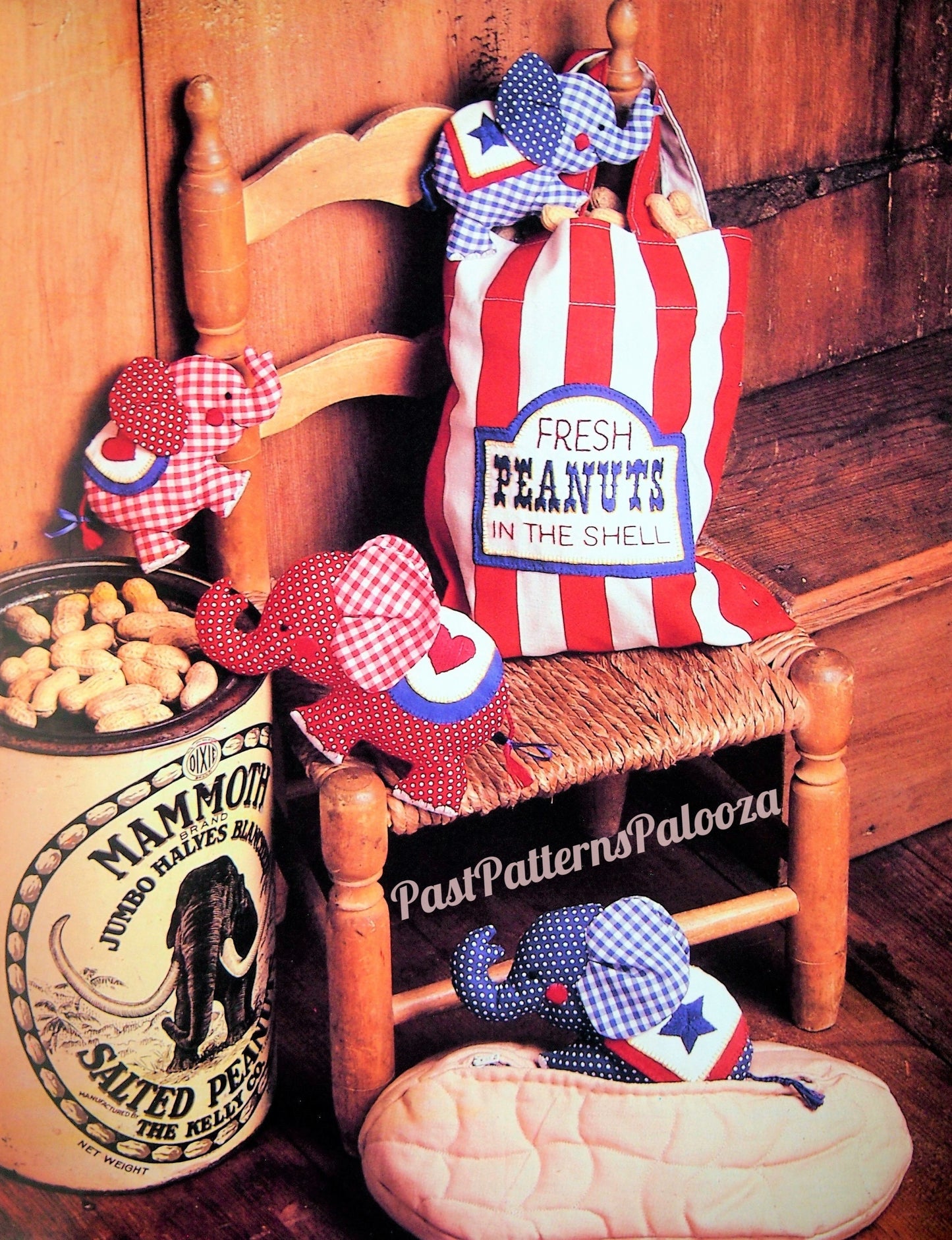 Vintage Sewing Pattern Polka Dot Gingham Elephant Family in Peanut House Holder & Tote Bag Play Set PDF Instant Digital Download Soft Toys