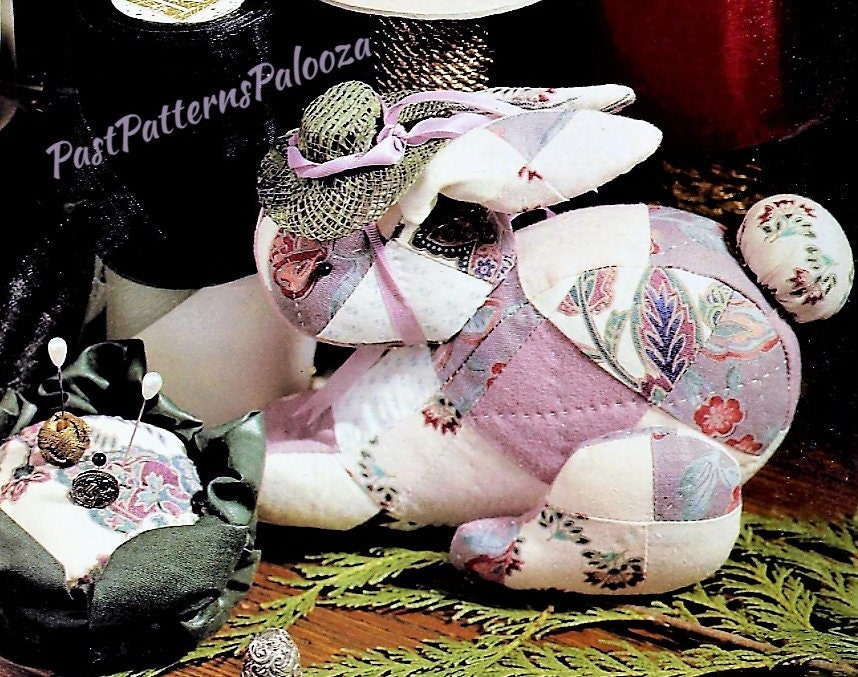 Vintage Sewing Pattern Patchwork Fabric Memory Bunny Rabbit with Cabbage Pin Cushion PDF Instant Digital Download Soft Stuffed Toy
