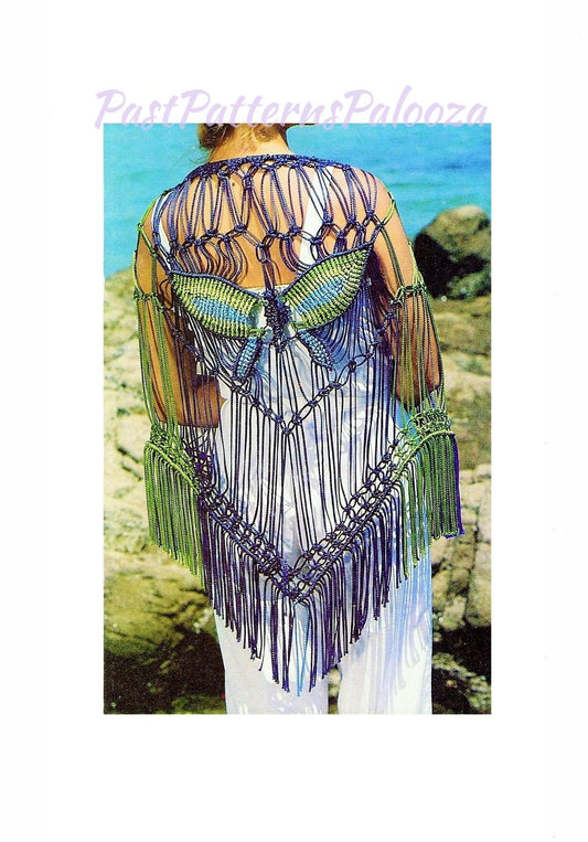Vintage Macrame Pattern Womens Butterfly Shawl Wrap Fringed Beachcover PDF Instant Digital Download Hippie Boho Chic