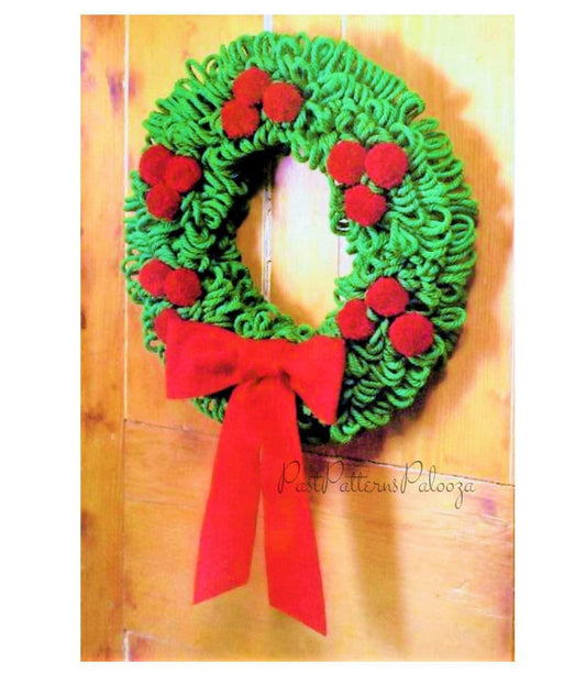 Vintage Crochet Pattern 16" Loop Stitch Christmas Wreath Pompom Berries PDF Instant Digital Download Holiday Door Wall Hanging Bulky 12 Ply