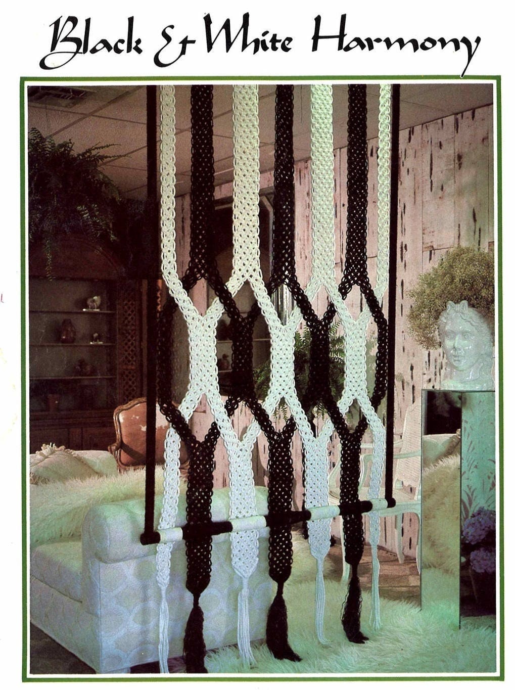 Vintage Macrame Pattern Room Divider Wall Hanging Retro Mod Black & White Harmony Door Curtain Boho Chic 1970s PDF Instant Digital Download