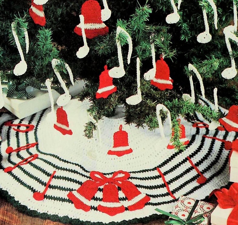 Vintage Crochet Pattern Musical Notes Christmas Tree Skirt & Ornaments Set PDF Instant Digital Download Bells Music Notes Appliques 10 Ply