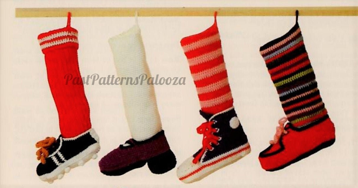 Vintage Crochet Pattern 16" Fun Shoes Socks Novelty Christmas Stockings PDF Instant Digital Download Mary Jane Hi Top Sneaker Soccer 10 Ply