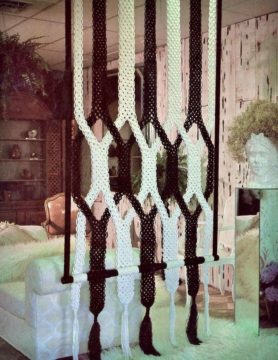 Vintage Macrame Pattern Room Divider Wall Hanging Retro Mod Black & White Harmony Door Curtain Boho Chic 1970s PDF Instant Digital Download