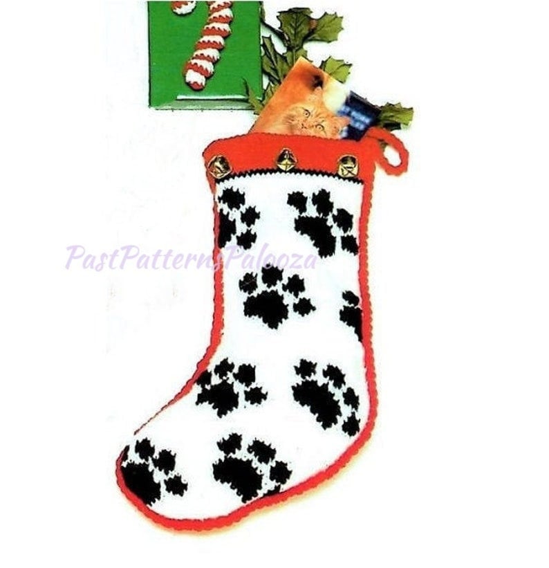 Vintage Knitting Pattern 17" Pet Paw Prints Christmas Stocking for Your Kitty Cat or Dog PDF Instant Download Jingle Bells Pet Sock 10 Ply