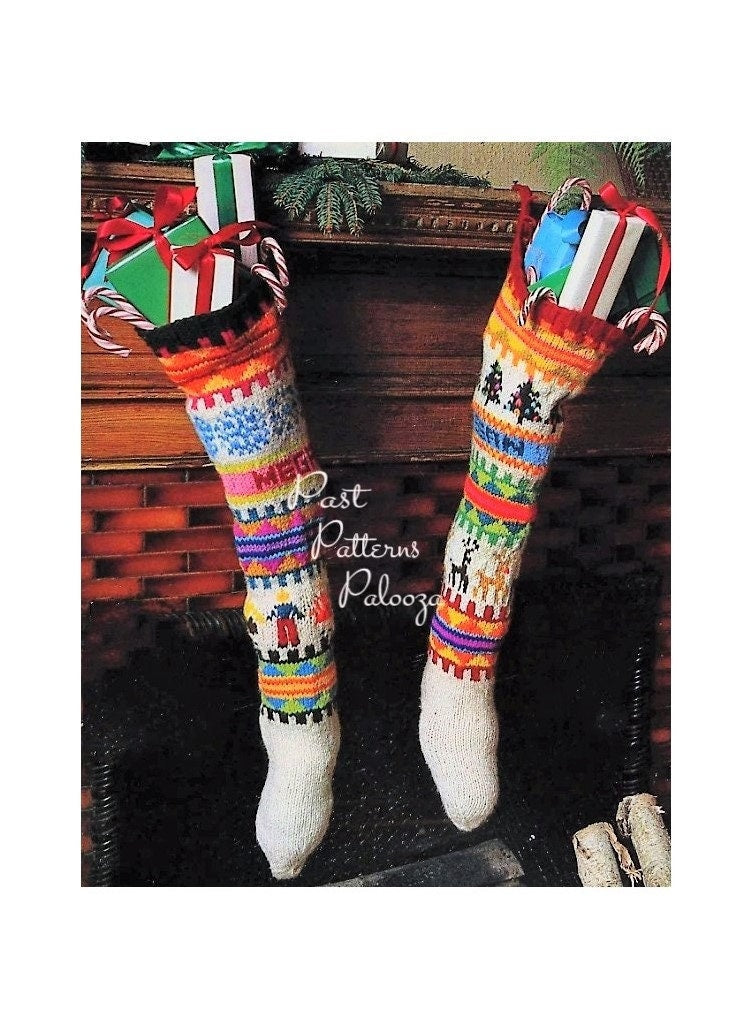 Vintage Knitting Pattern 25" Scandinavian Christmas Stockings Large Fair Isle Name Socks PDF Instant Digital Download 4 Ply