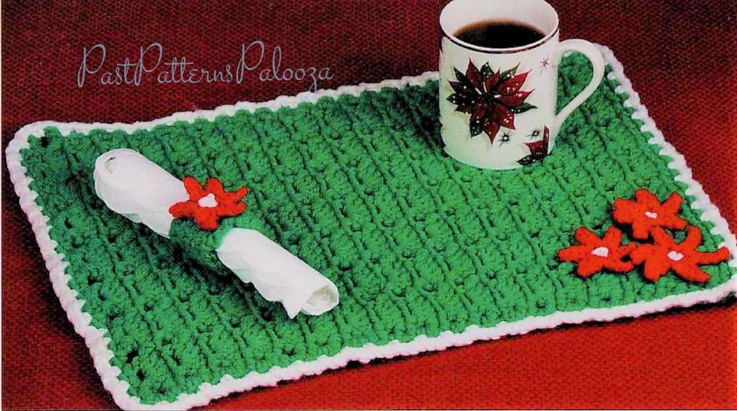 Vintage Crochet Pattern Christmas Poinsettia Placemat and Napkin Ring Holder Set PDF Instant Digital Download Holiday Table Setting 12 Ply