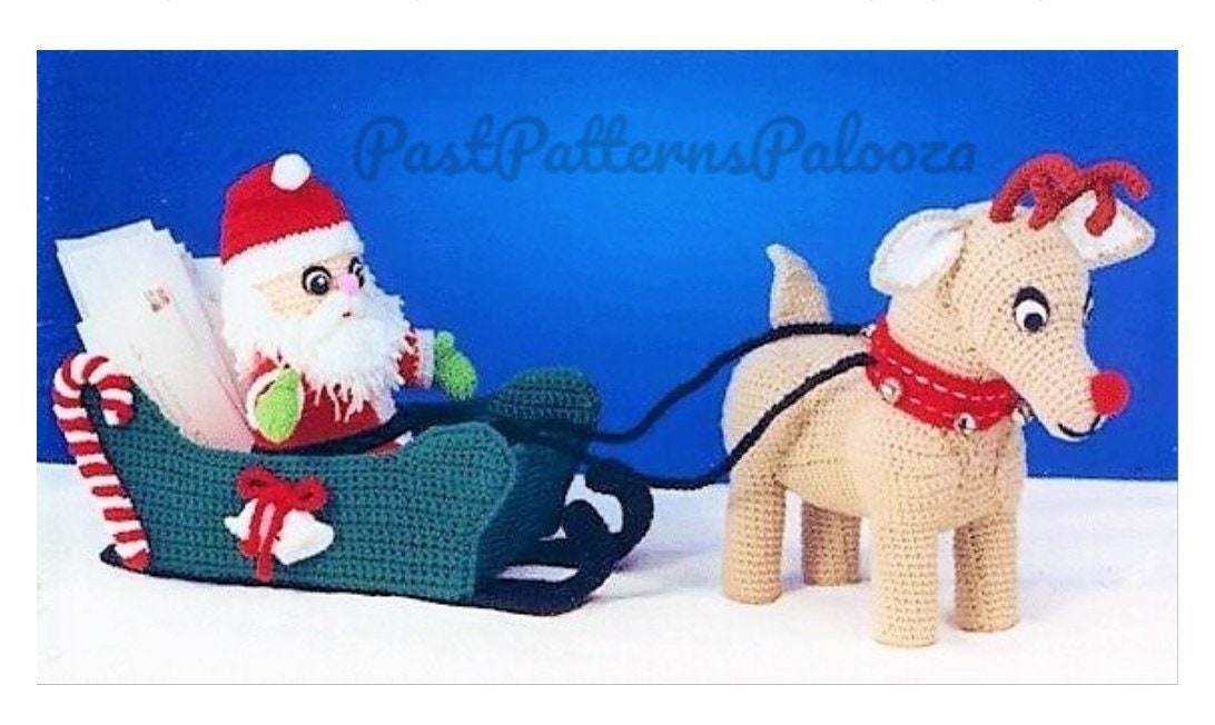Vintage Christmas Crochet Pattern Santa Claus Sleigh and Rudolph Soft Toy Set Centerpiece Display PDF Instant Download Holiday Amigurumi