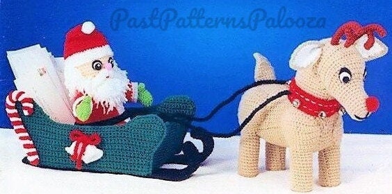 Vintage Christmas Crochet Pattern Santa Claus Sleigh and Rudolph Soft Toy Set Centerpiece Display PDF Instant Download Holiday Amigurumi