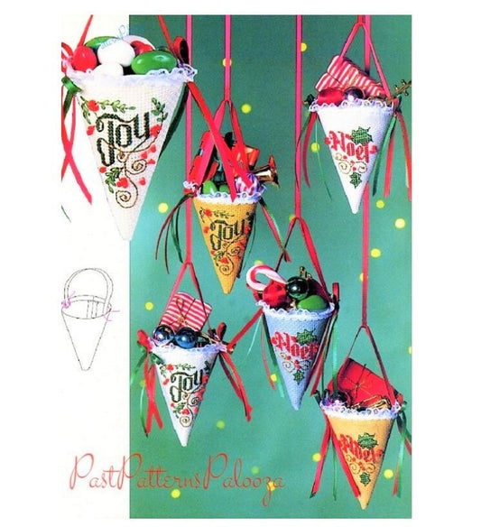 Vintage Cross Stitch Pattern Christmas Cornucopia Treat Holder Ornaments Noel Joy PDF Instant Digital Download Hanging Baskets Tree Trim