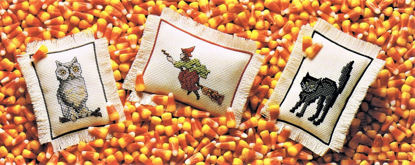 Vintage Cross Stitch Patterns Mini Halloween Ornament Pillows PDF Instant Digital Download Witch Black Cat Owl Embroidery 6" x 8"