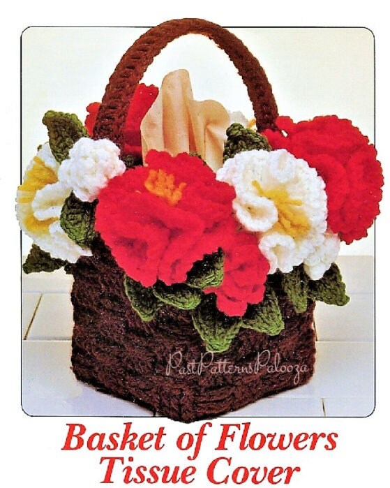 Vintage Crochet Pattern Flower Basket Tissue Box Cover Topper PDF Instant Digital Download 10 Ply