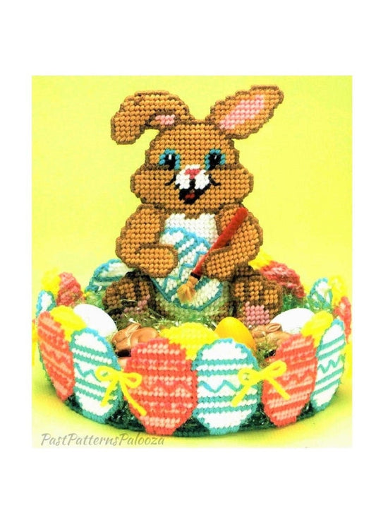 Vintage Plastic Canvas Pattern 9" Easter Bunny Basket Easter Eggs Candy Treat Dish Centerpiece PDF Instant Digital Download Table Decor 7 Ct