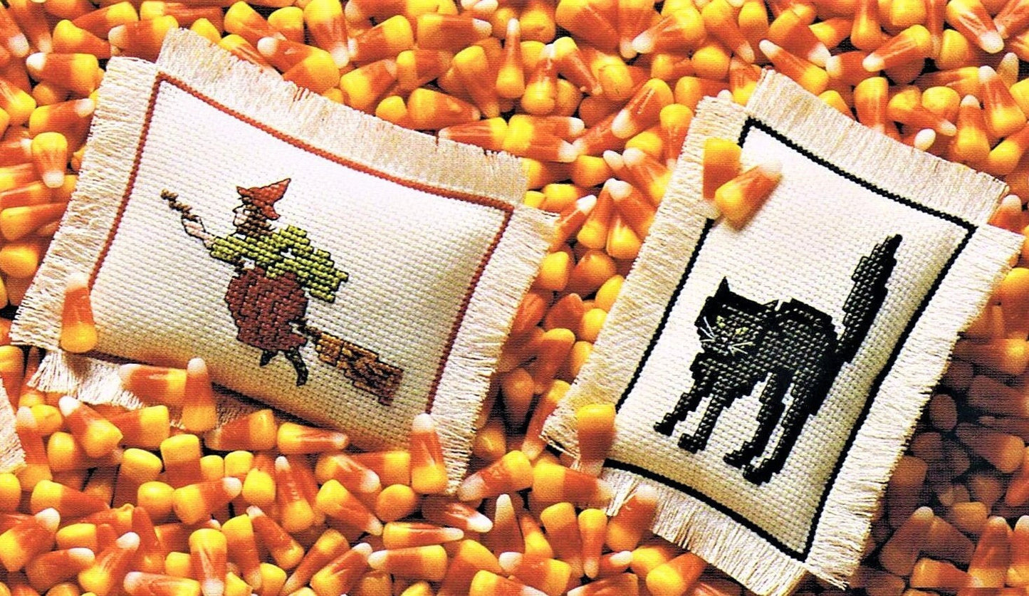 Vintage Cross Stitch Patterns Mini Halloween Ornament Pillows PDF Instant Digital Download Witch Black Cat Owl Embroidery 6" x 8"