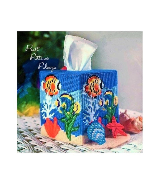 Vintage Plastic Canvas Pattern Tropical Fish Tissue Box Cover PDF Instant Digital Download Ocean Sealife Nautical Tissue Holder