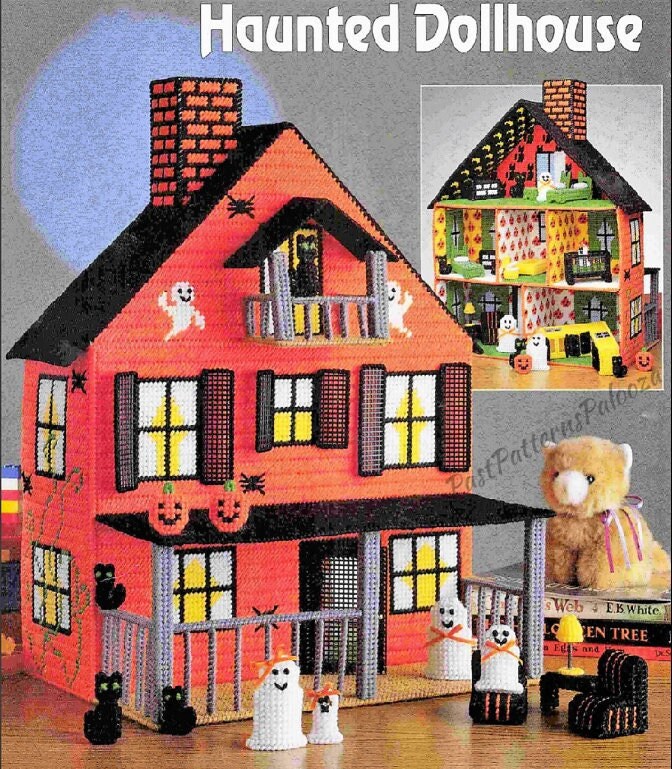 Vintage Plastic Canvas Pattern Large 19" Halloween Haunted Mansion Dollhouse PDF Instant Digital Download Ghost Family Interactive Playset