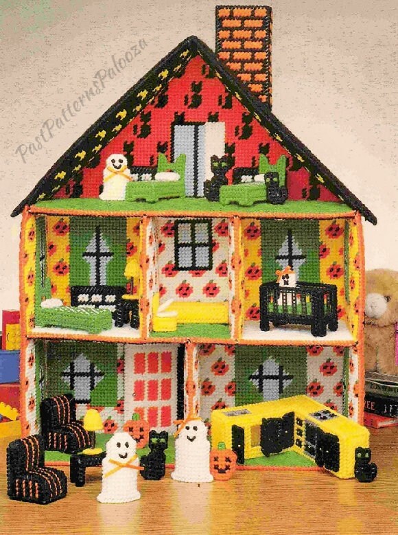Vintage Plastic Canvas Pattern Large 19" Halloween Haunted Mansion Dollhouse PDF Instant Digital Download Ghost Family Interactive Playset