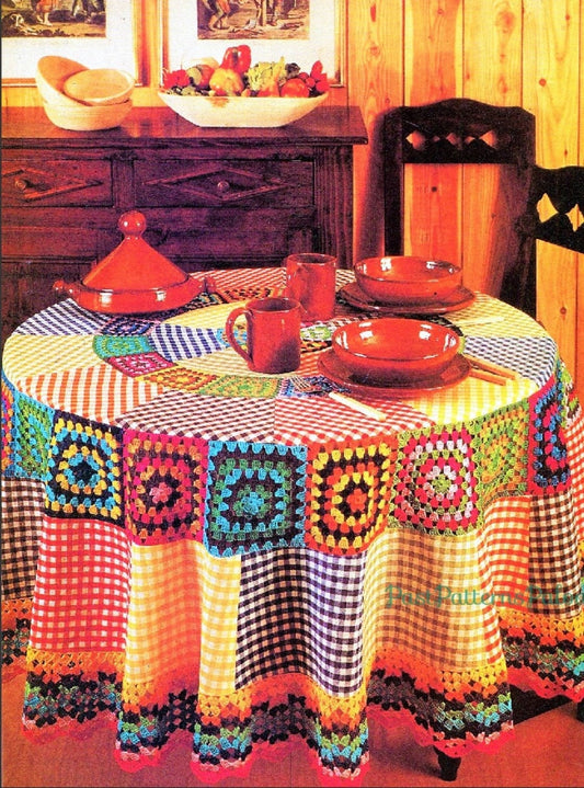 Vintage Crochet Pattern 72" Granny Square Round Tablecloth Sewn Gingham Fabric PDF Instant Digital Download Boho Chic 4 Ply Table Cover
